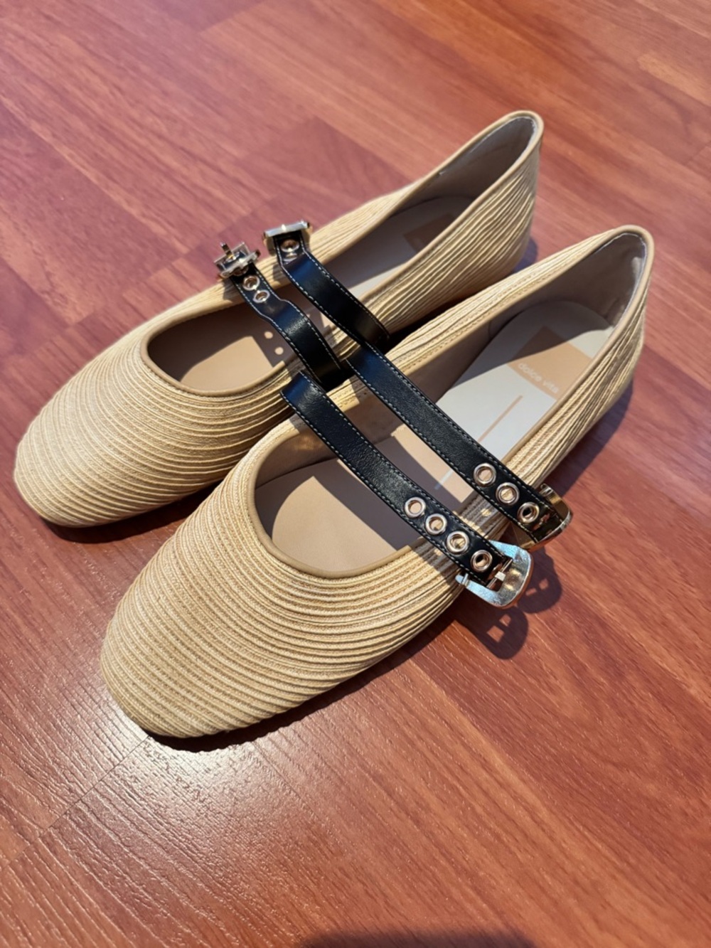 Dolce Vita Baylee Raffia Mary Jane Flats with Black Strap Accents